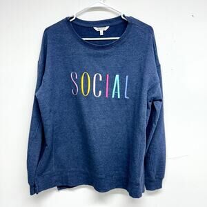 Wildfox Crewneck Pullover Dark Blue Embroidered Graphic Sweater Size Large